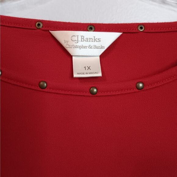 EUC CJ Banks Red Embellishments Around Neckline 3/4 Sleeve Top 1X - Picture 2 of 4